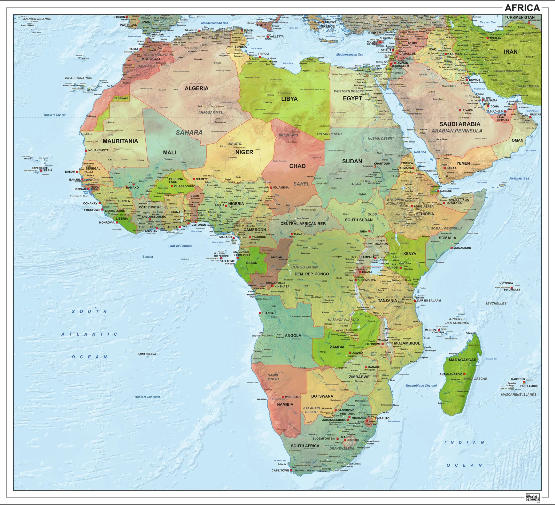 Afrika staatkundig met reliëf 1294