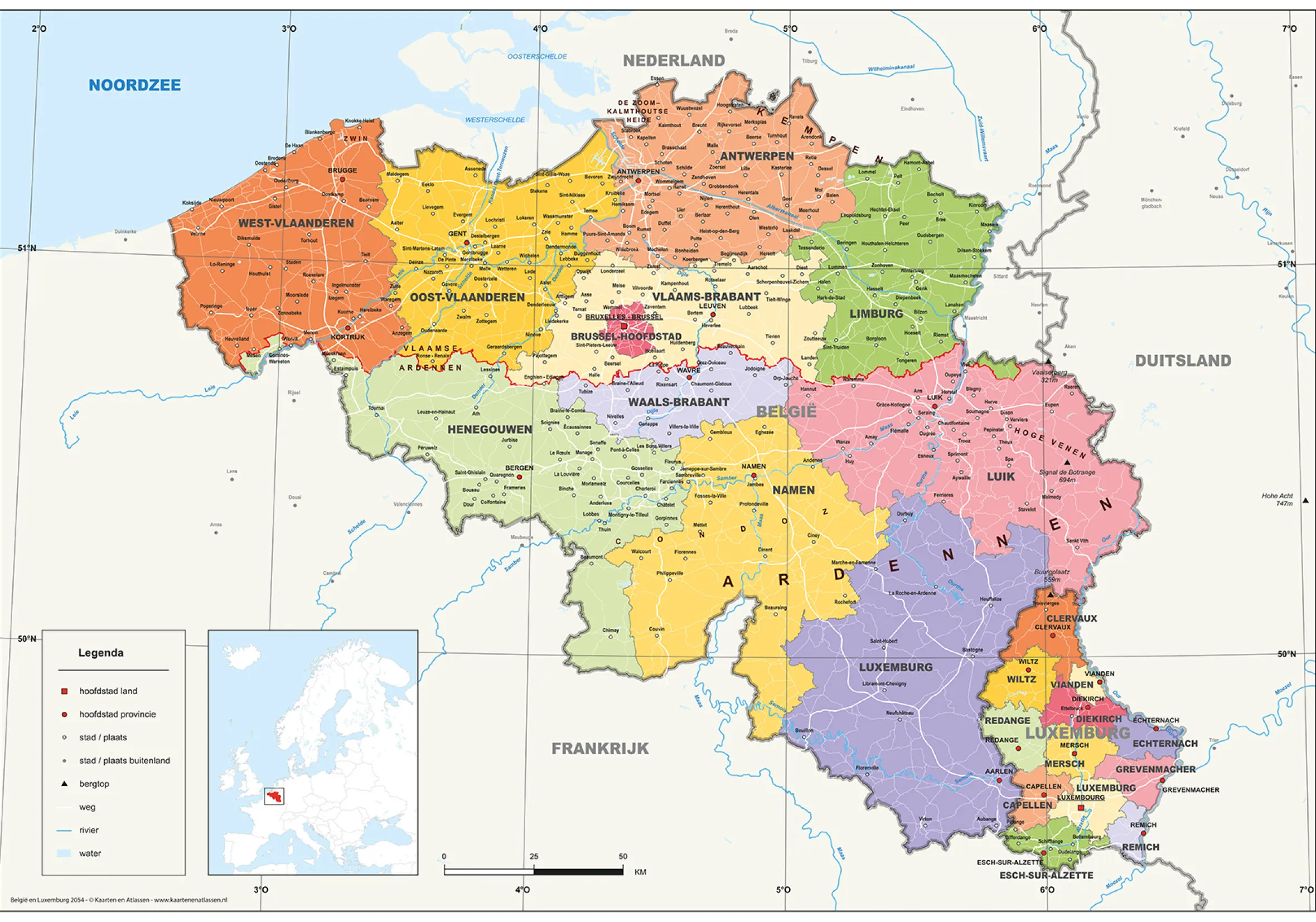 België en Luxemburg staatkundige kaart 2054