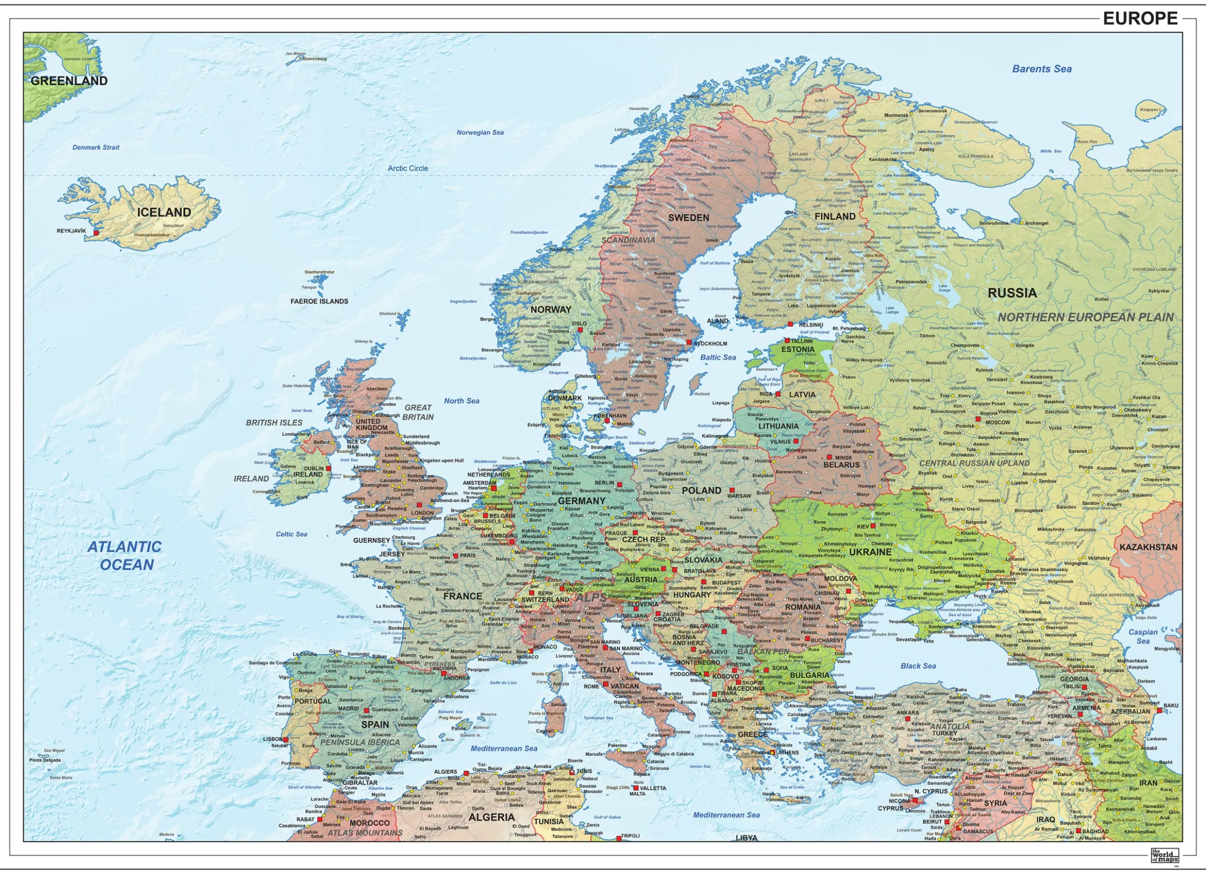 Europakaart staatkundig met reliëf 1293