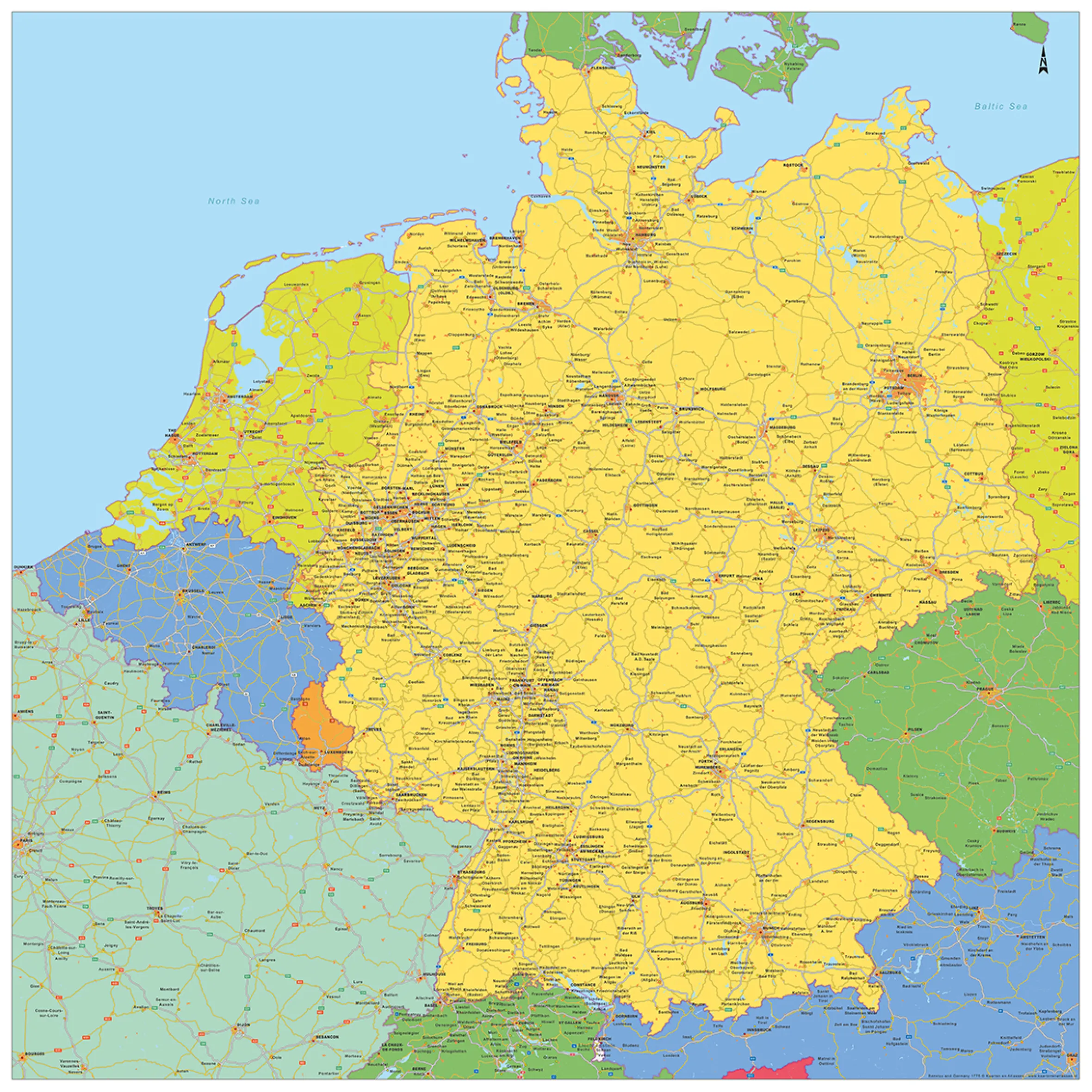 Gekleurde kaart Benelux + Duitsland 1775