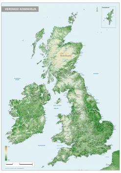 Ierland en de UK / Verenigd Koninkrijk natuurkundige kaart 1537