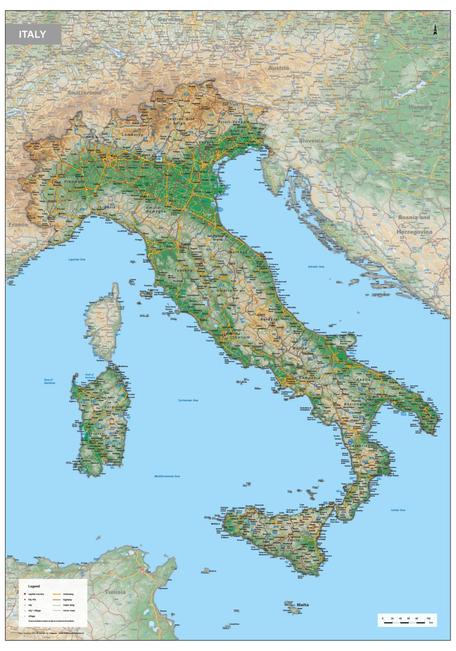 Italië Kaart Natuurkundig 1581
