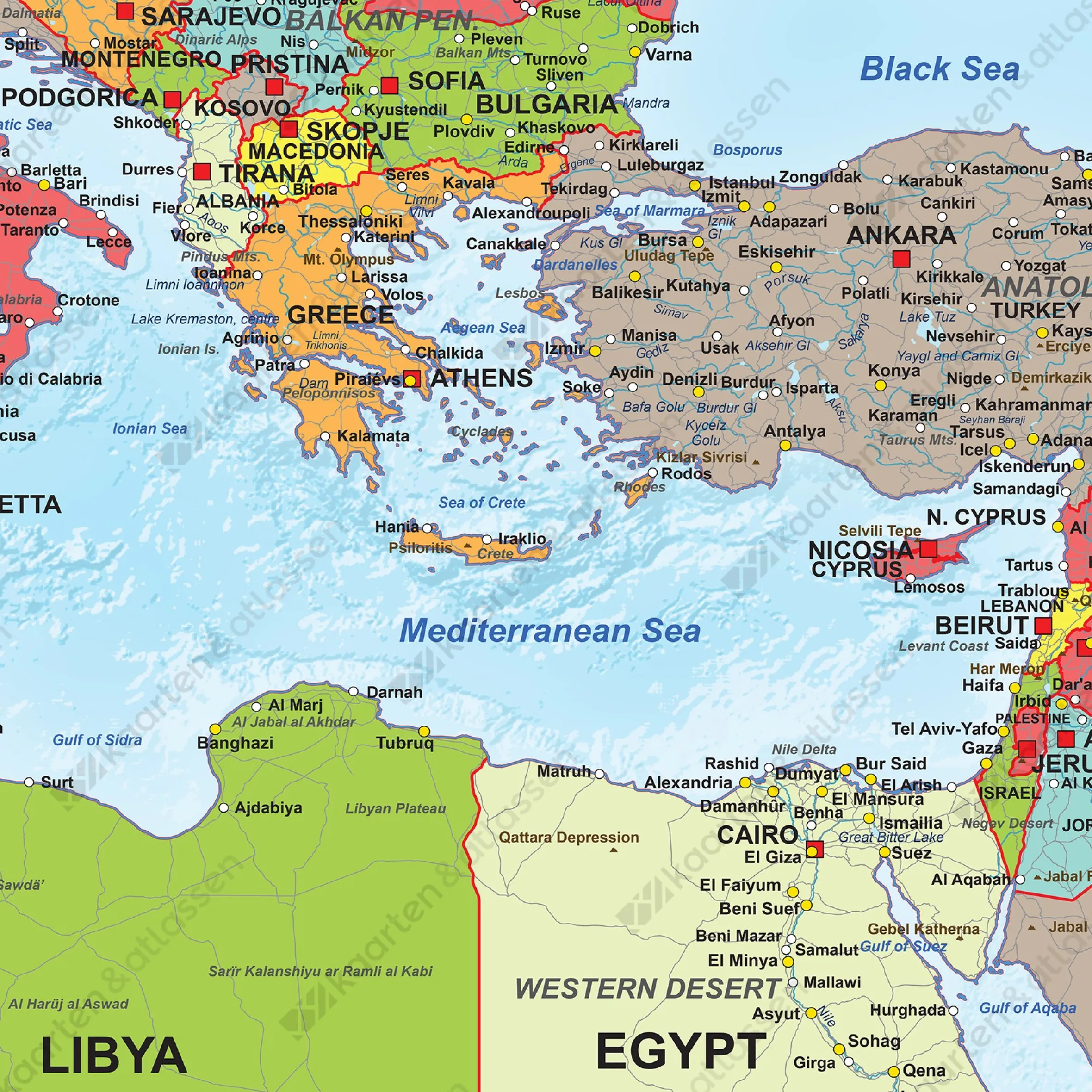 Kaart van Noord Afrika, Midden-Oosten en Europa Staatkundig 1317