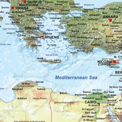 Kaart van Noord Afrika, Midden-Oosten en Europa Natuurkundig 1316