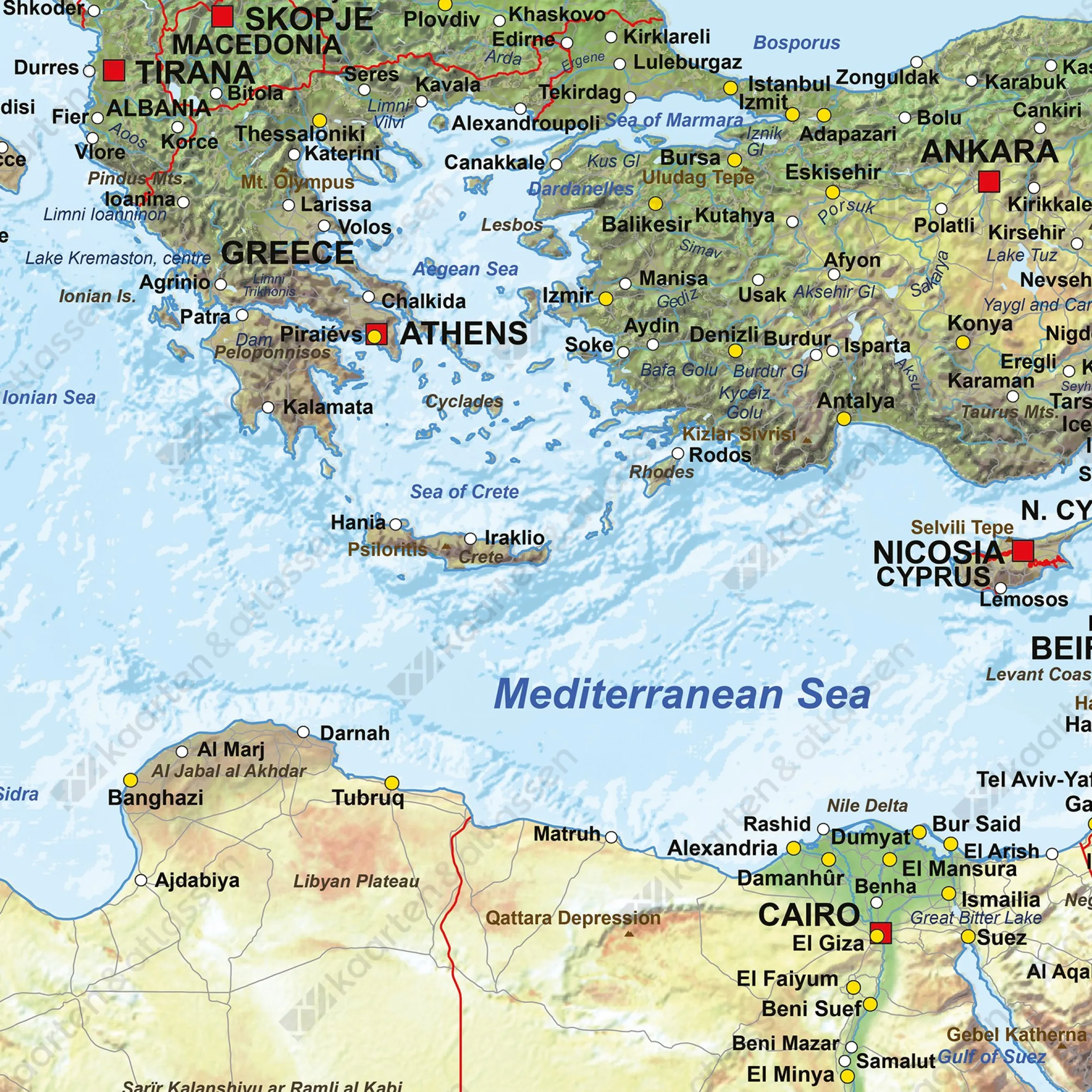 Kaart van Noord Afrika, Midden-Oosten en Europa Natuurkundig 1316