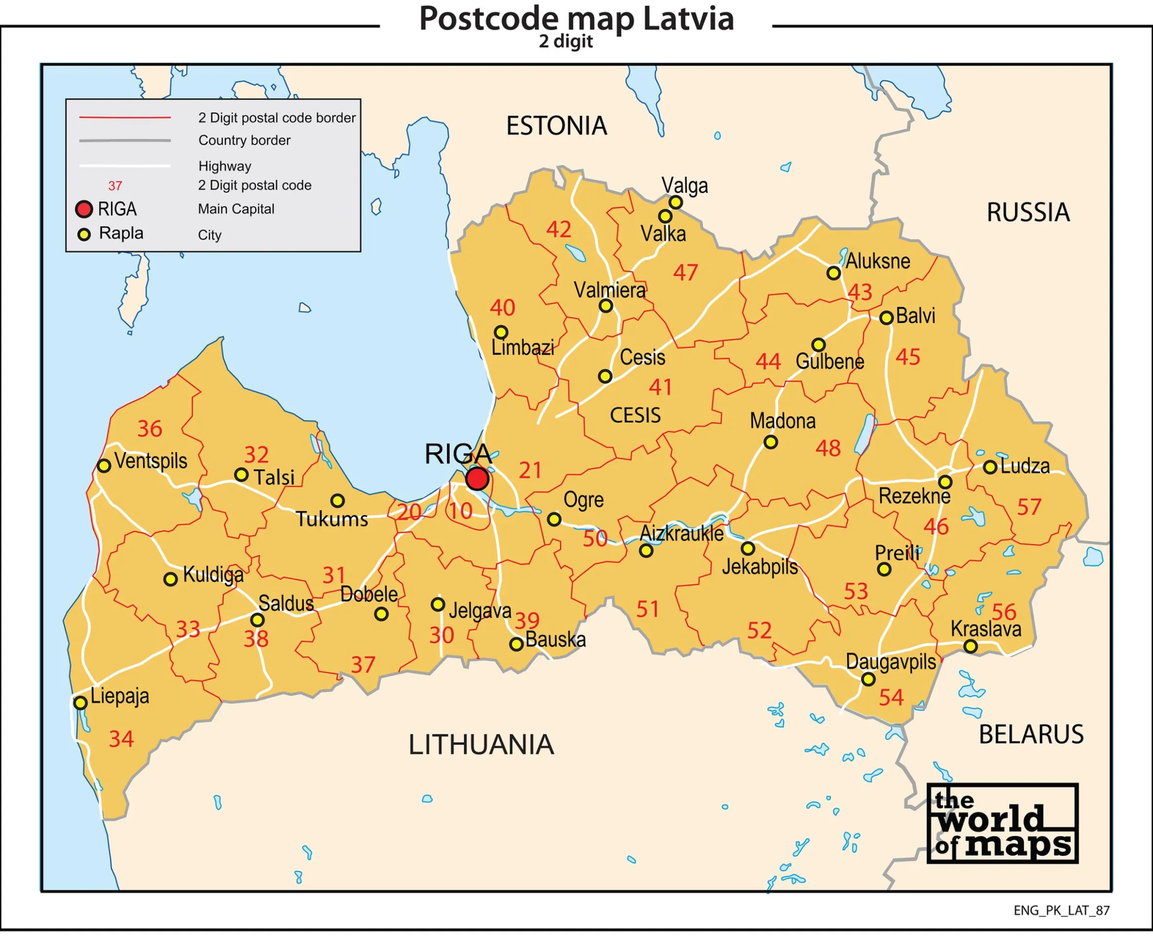 Letland 2-cijferige postcodekaart 87