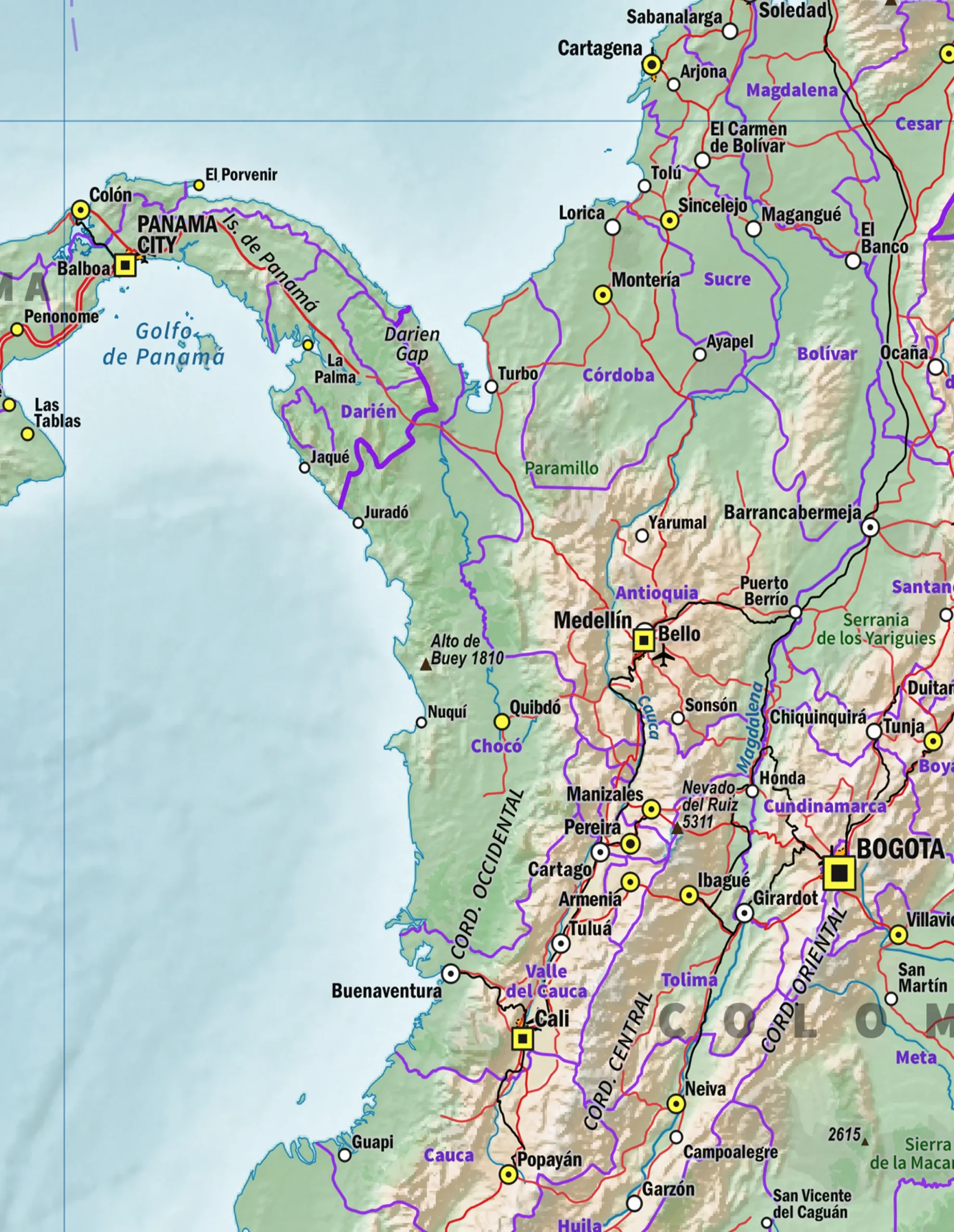 Natuurkundige kaart Colombia, Ecuador en Peru 1706