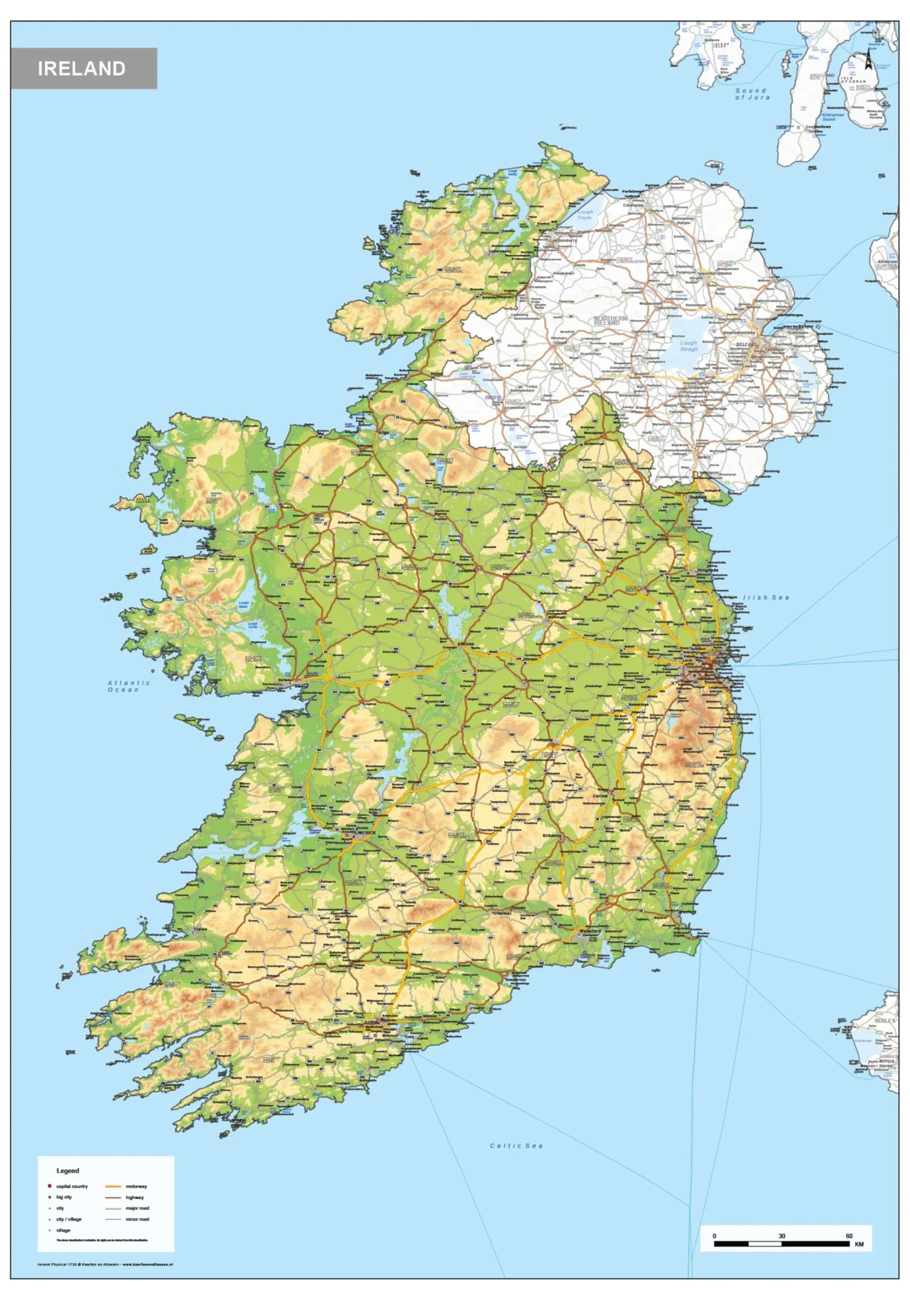 Natuurkundige kaart Ierland 1728