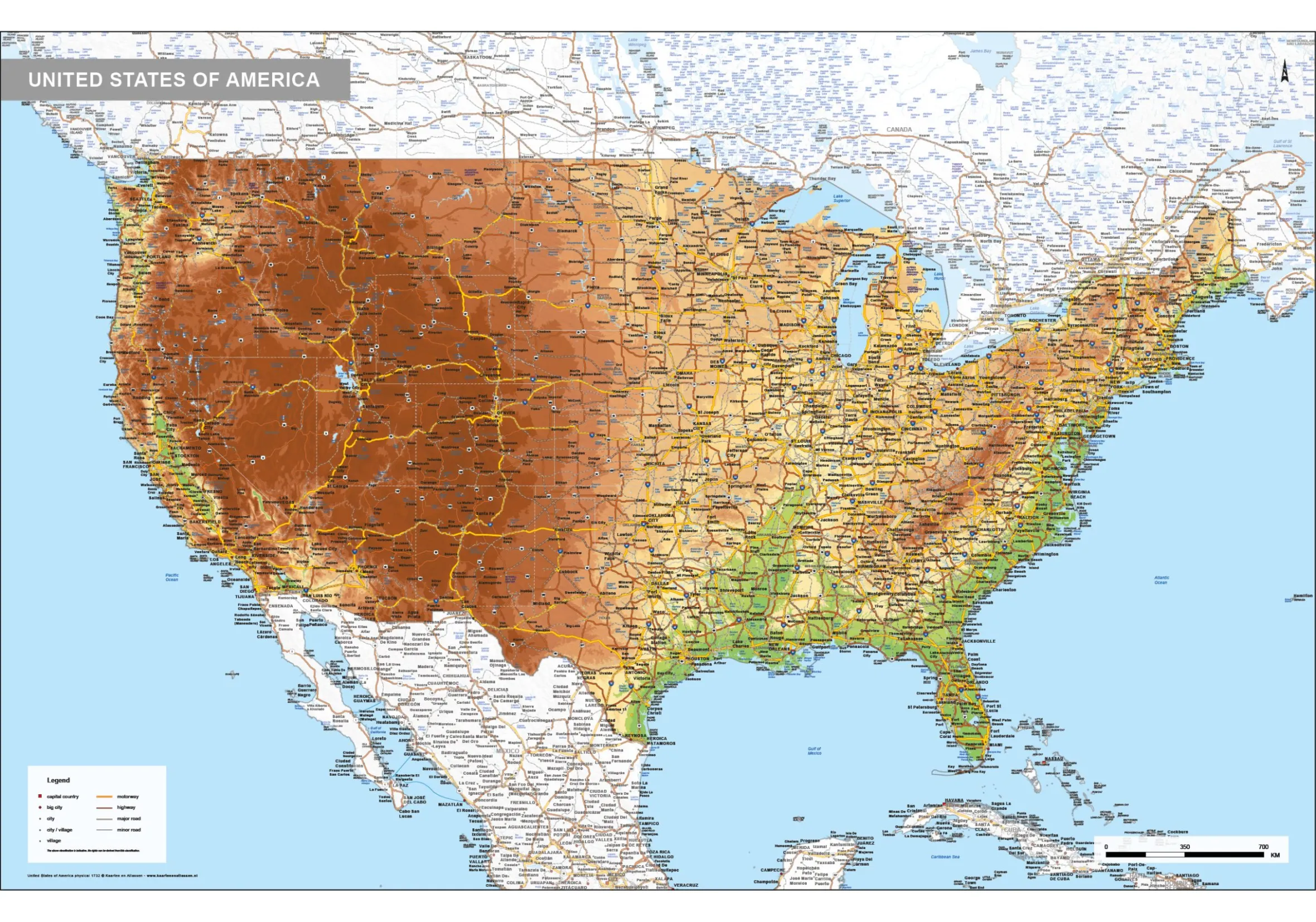 Natuurkundige kaart Verenigde Staten / USA 1732