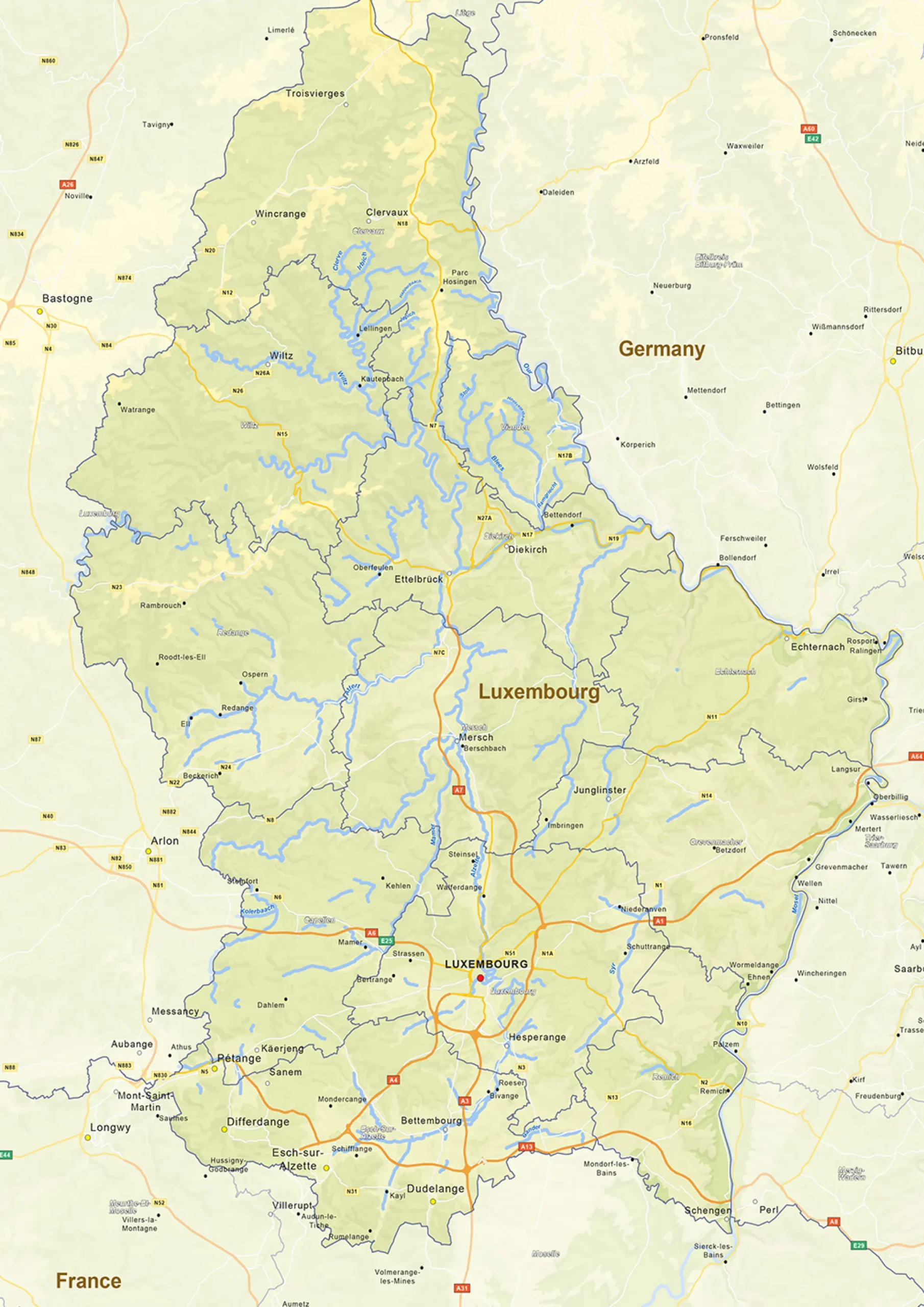 Natuurkundige landkaart Luxemburg 1445