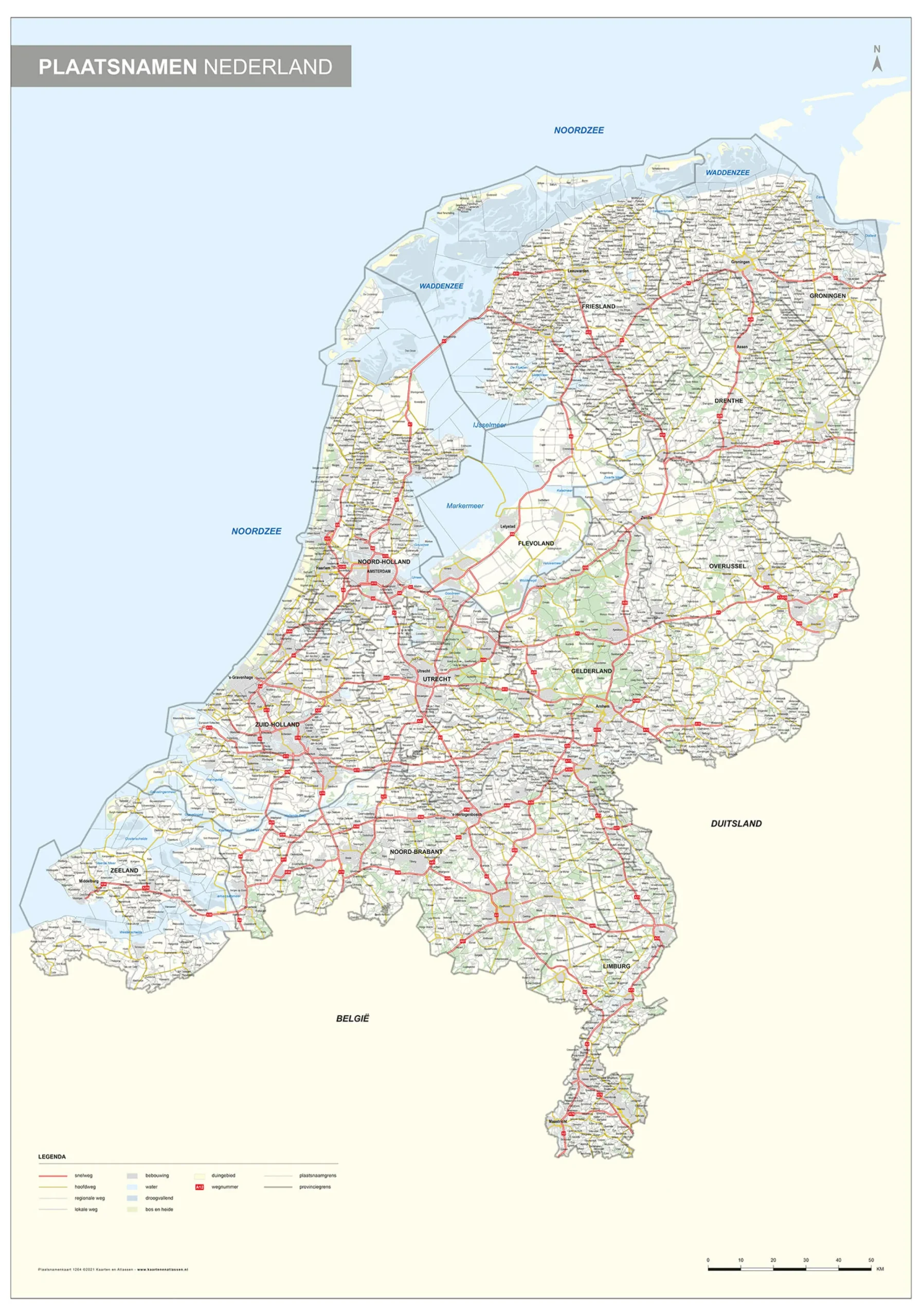 Plaatsnamenkaart Nederland met wegen 1264