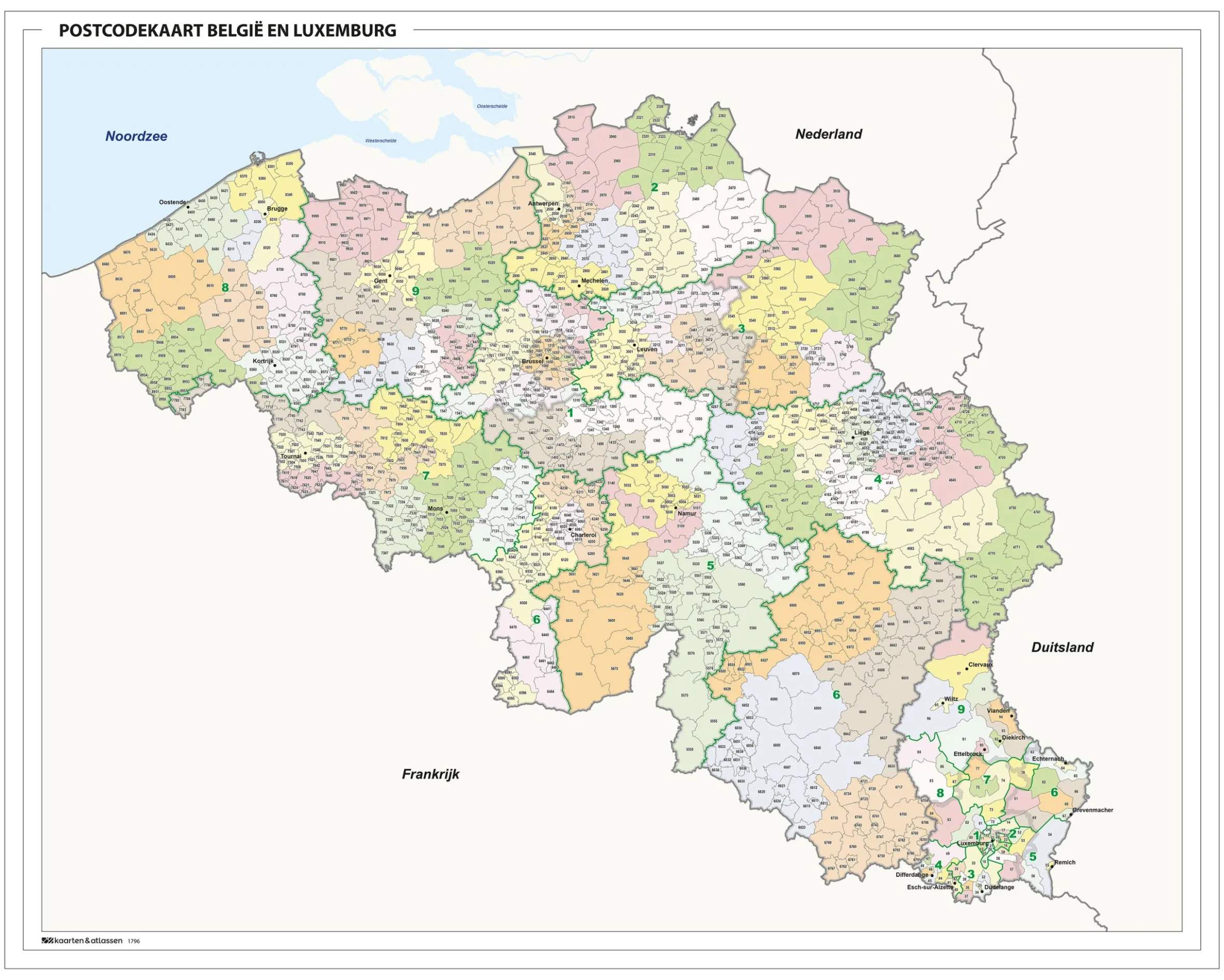 Postcodekaart België en Luxemburg 1796