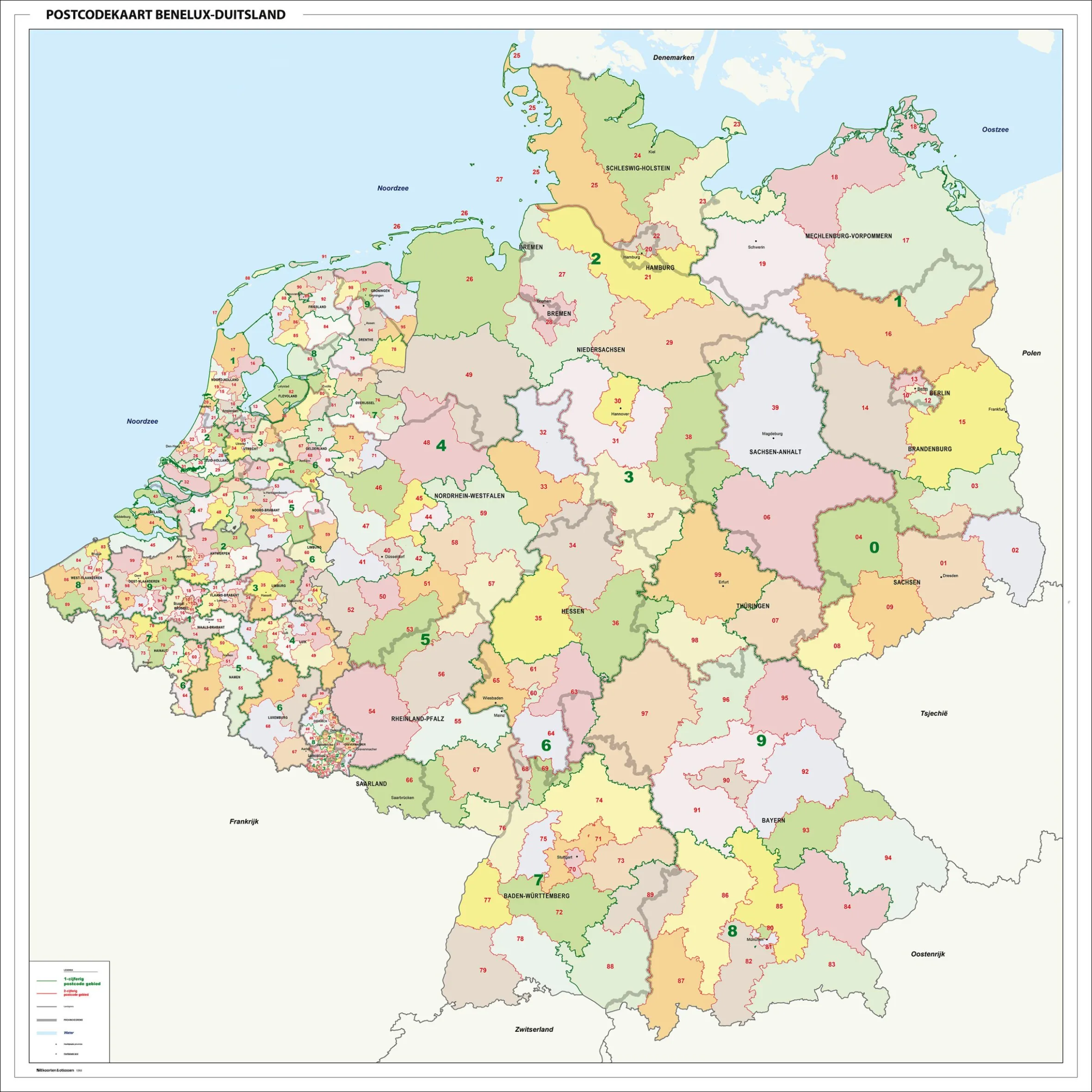 Postcodekaart Benelux + Duitsland 2-cijferig 1393