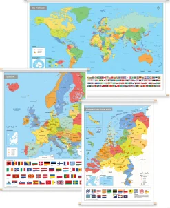3 Schoolkaarten Nederland/Europa/Wereld met Vlaggen 1764