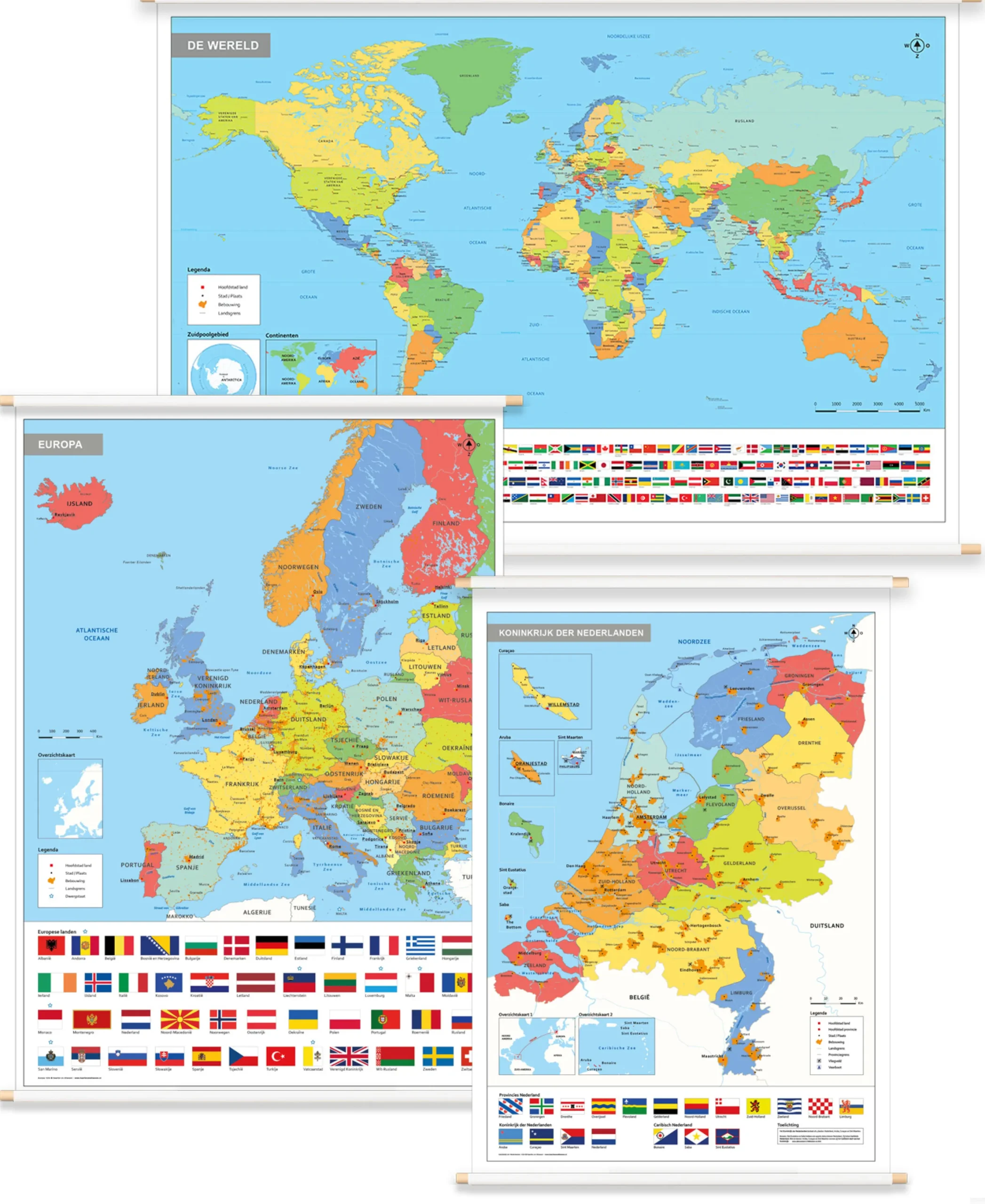 3 Schoolkaarten Nederland/Europa/Wereld met Vlaggen 1764