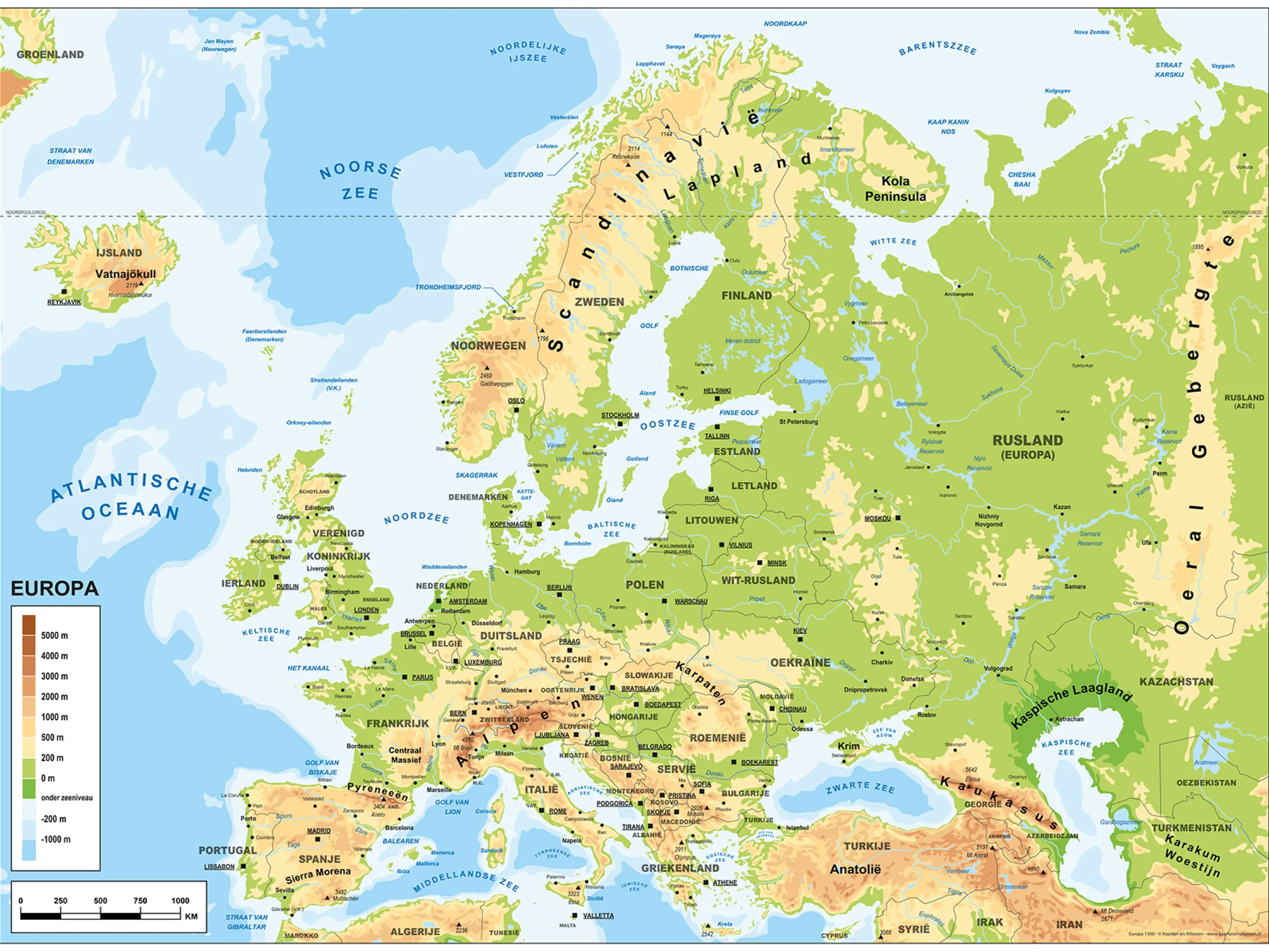 Schoolkaart Europa Natuurkundig 1300