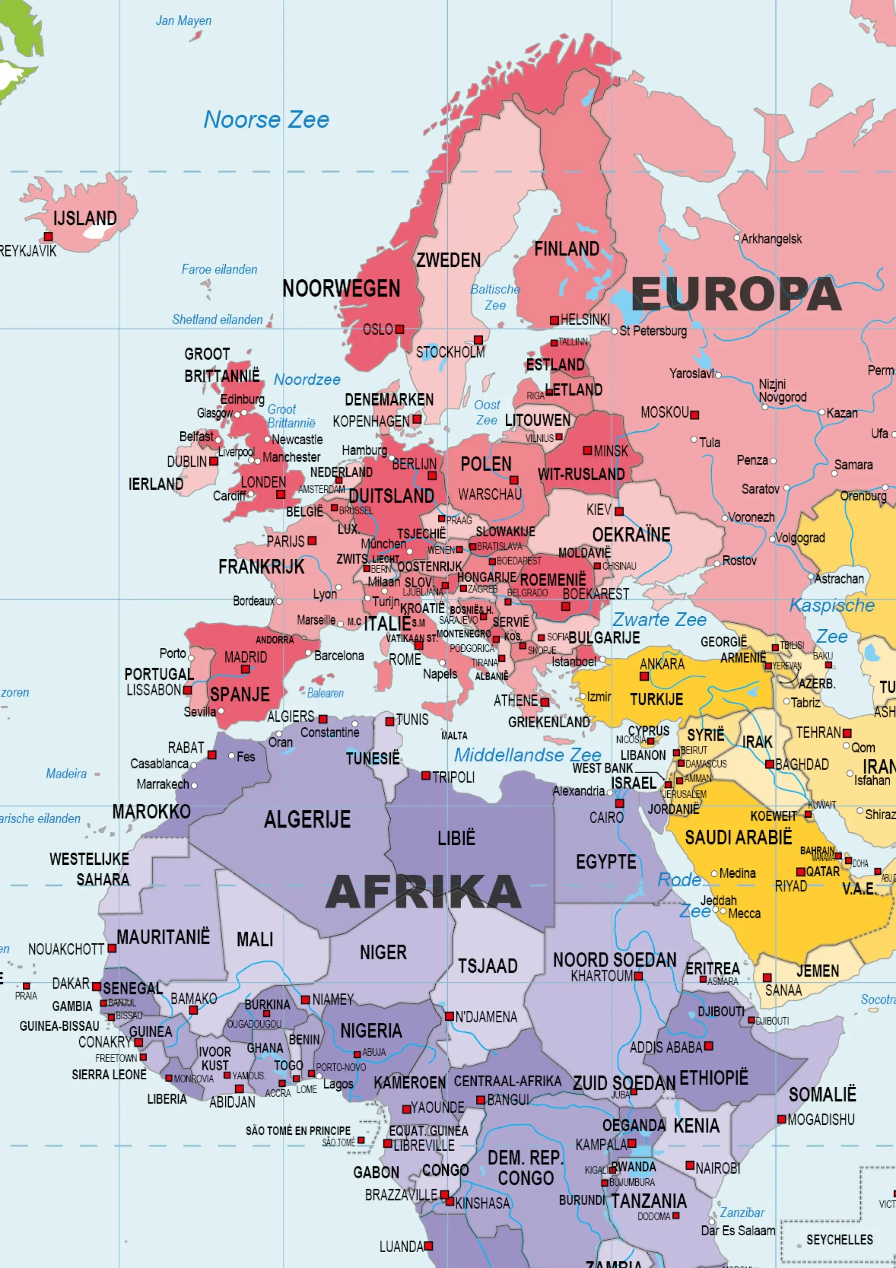 Schoolkaart wereld gedetailleerd 1406