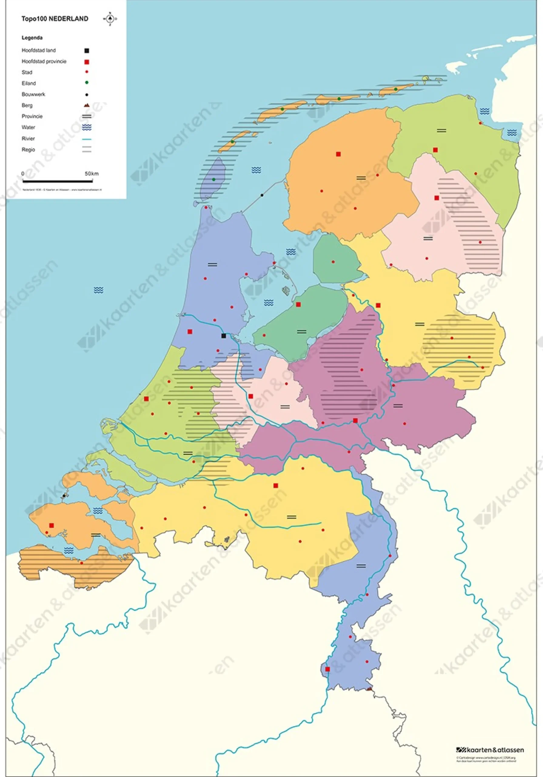 TOPO100 Blinde Schoolkaart Nederland 1836