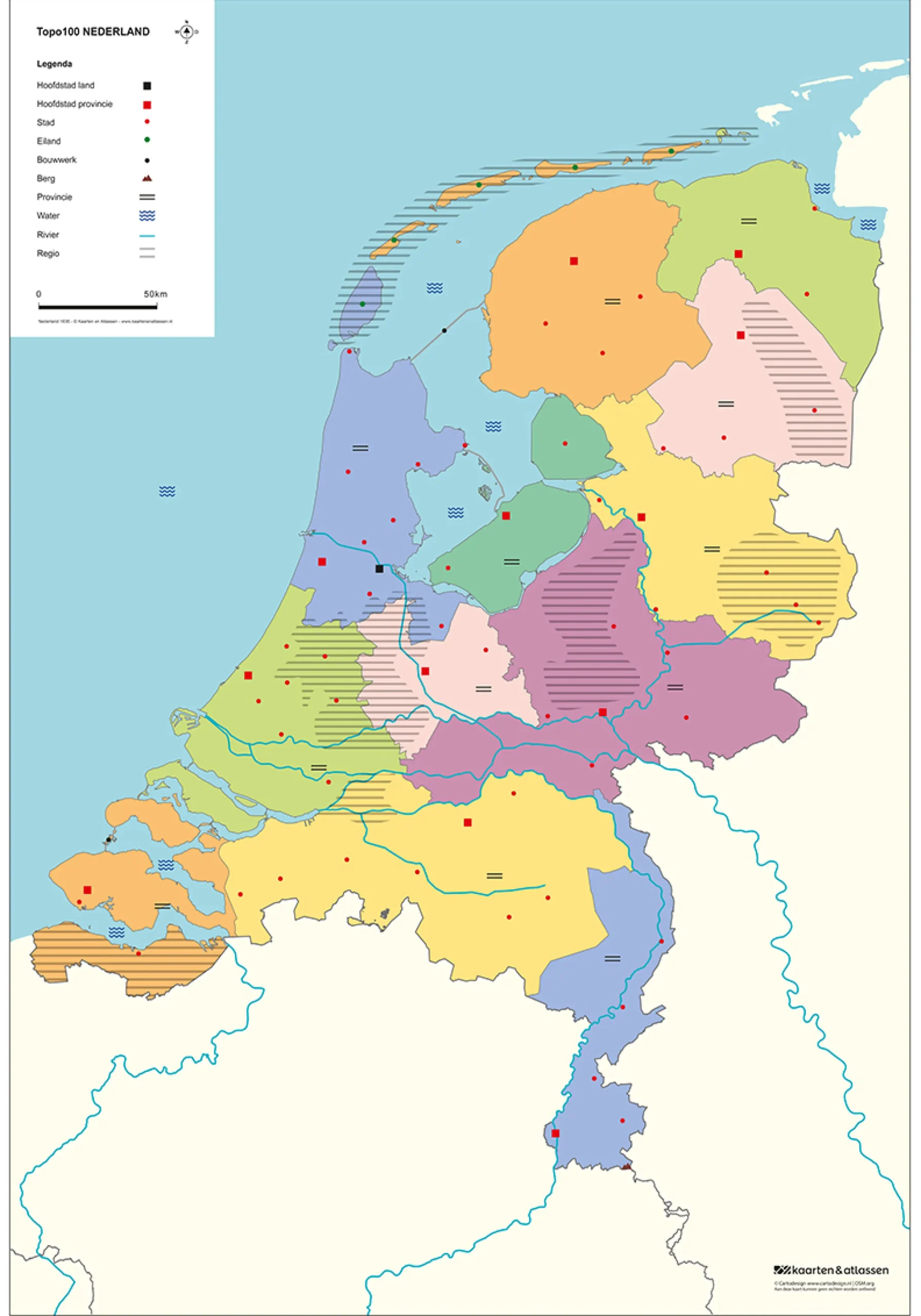 TOPO100 Dubbelzijdige Schoolkaart Nederland 1843