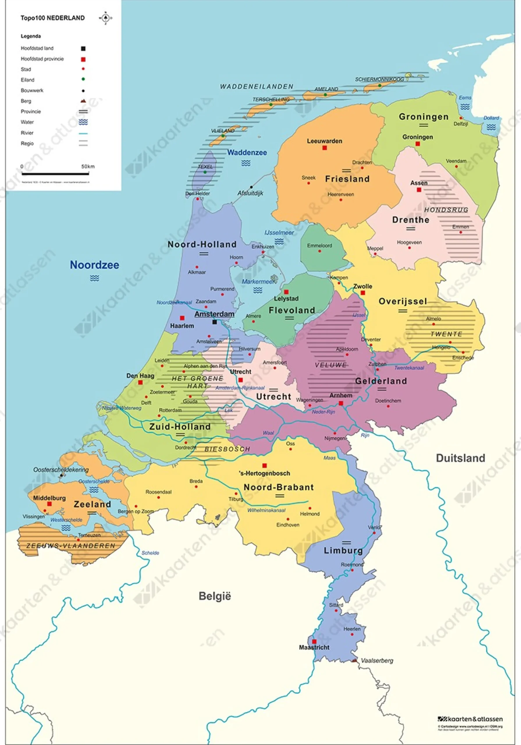 TOPO100 Dubbelzijdige Schoolkaart Nederland 1843