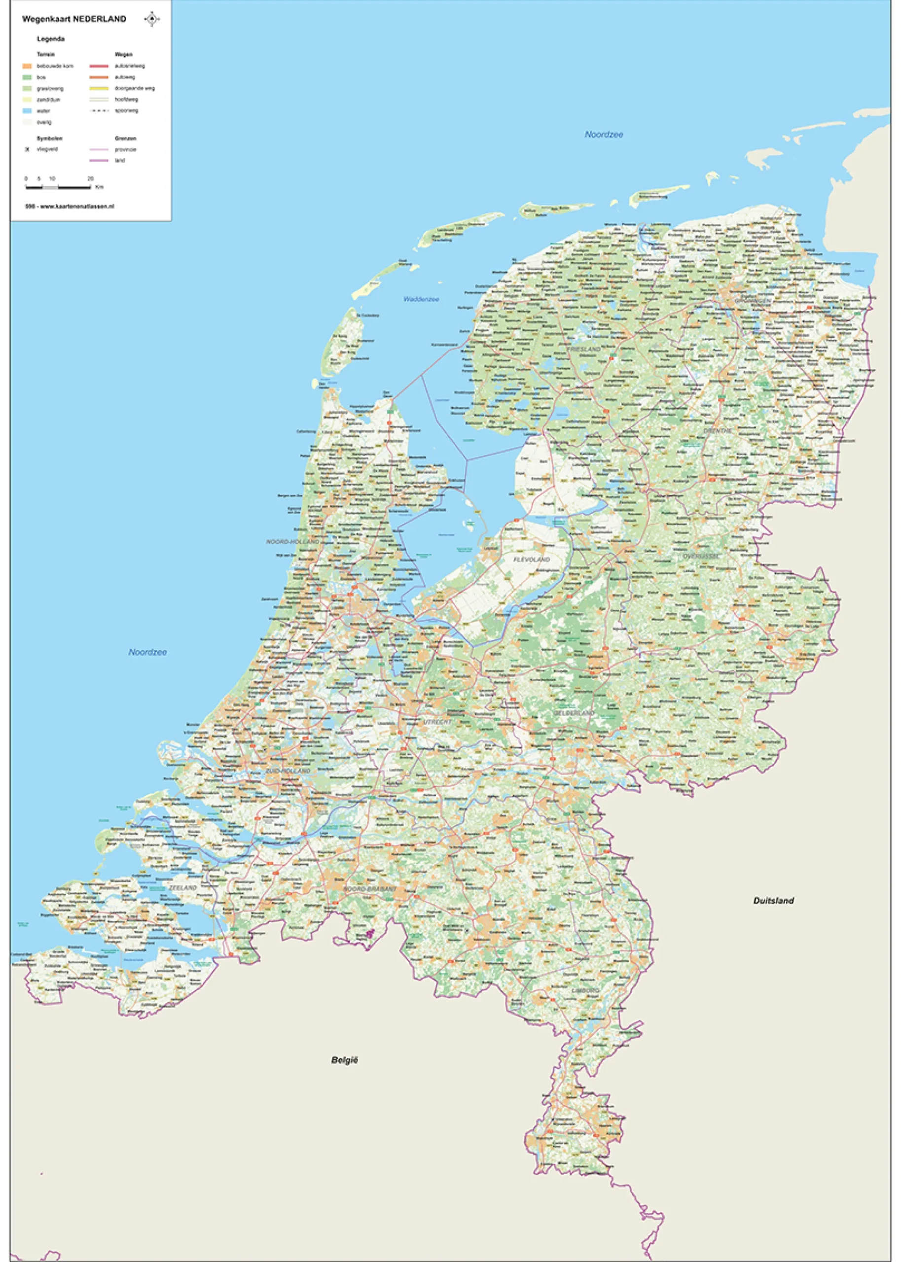 Wegenkaart Nederland met veel wegnummers 598