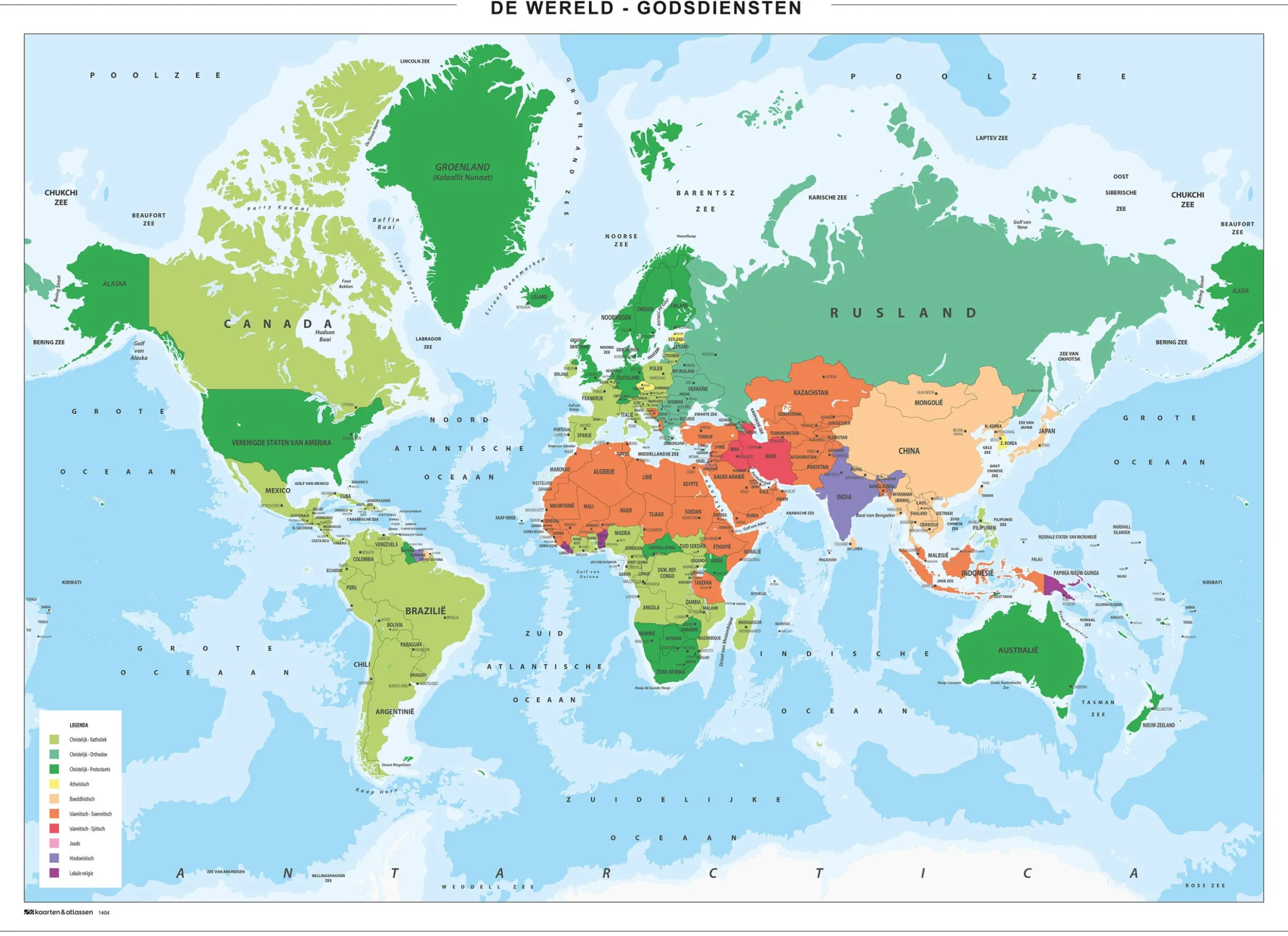Wereldkaart met godsdiensten 1404