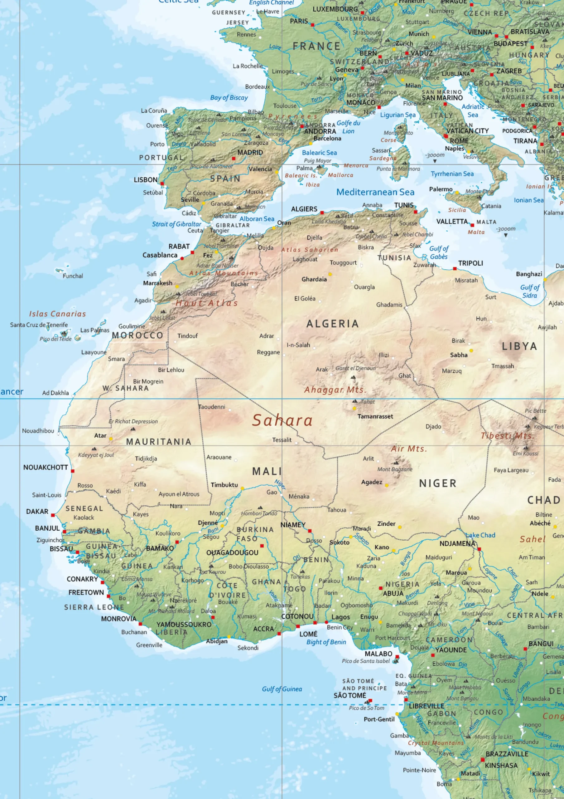 Wereldkaart Natuurkundig met reliëf 1272