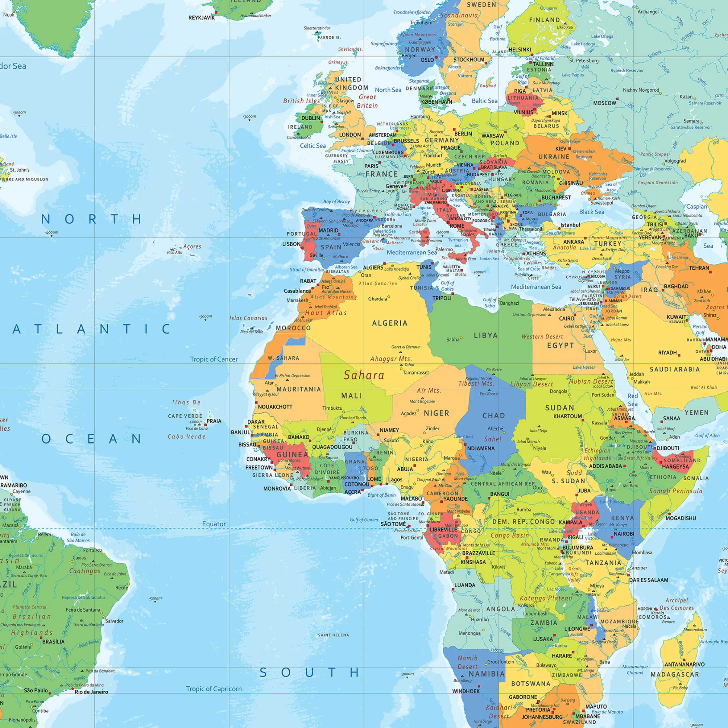 Wereldkaart staatkundig heldere kleuren 1270
