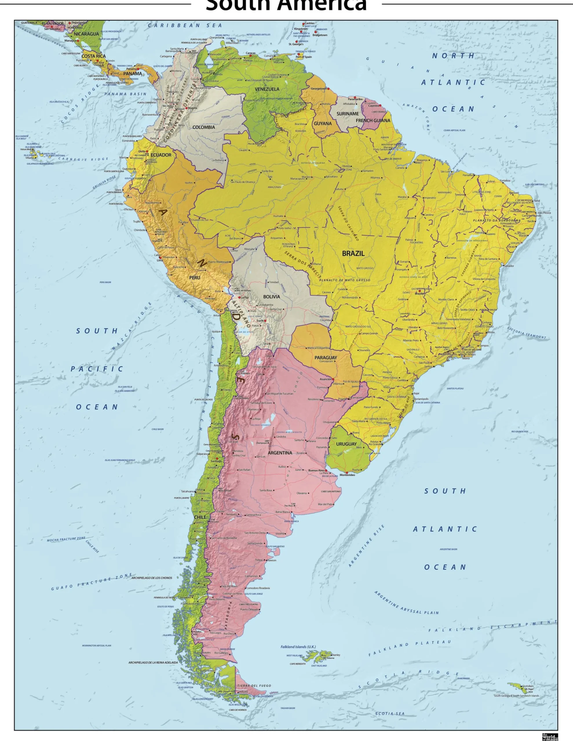 Zuid Amerika reliëf kaart 603